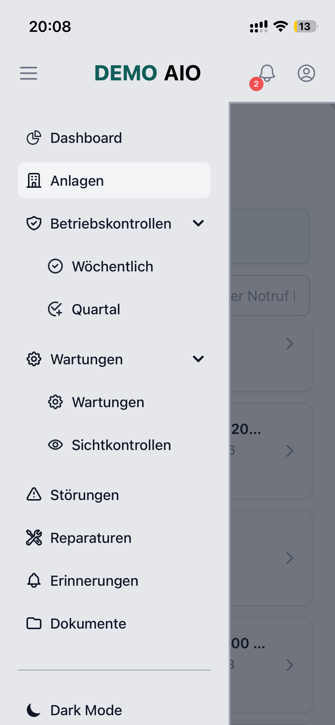 Navigation der App mit Anlagen, Betriebskontrollen, Wartungen, Störungen, Aufträgen, Besichtigungen und Dokumenten